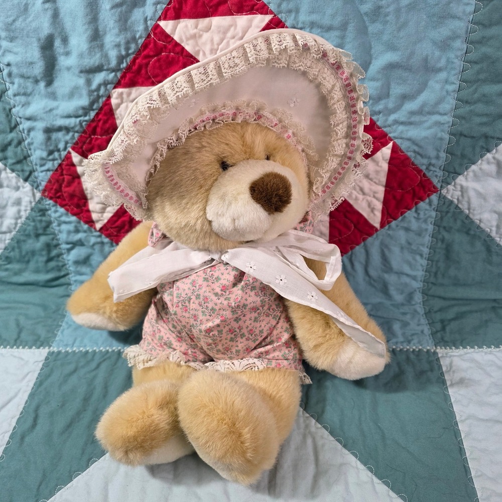 Commonwealth 1992 Vintage Teddy Bear Pink Floral Romper Bonnet Plush Tan 13 Inch